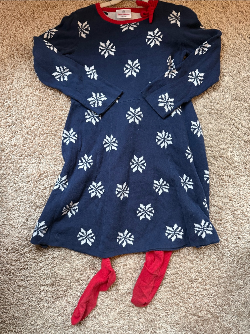 Hanna Andersson Navy Knit Dress with White Snowflakes and Red stockings